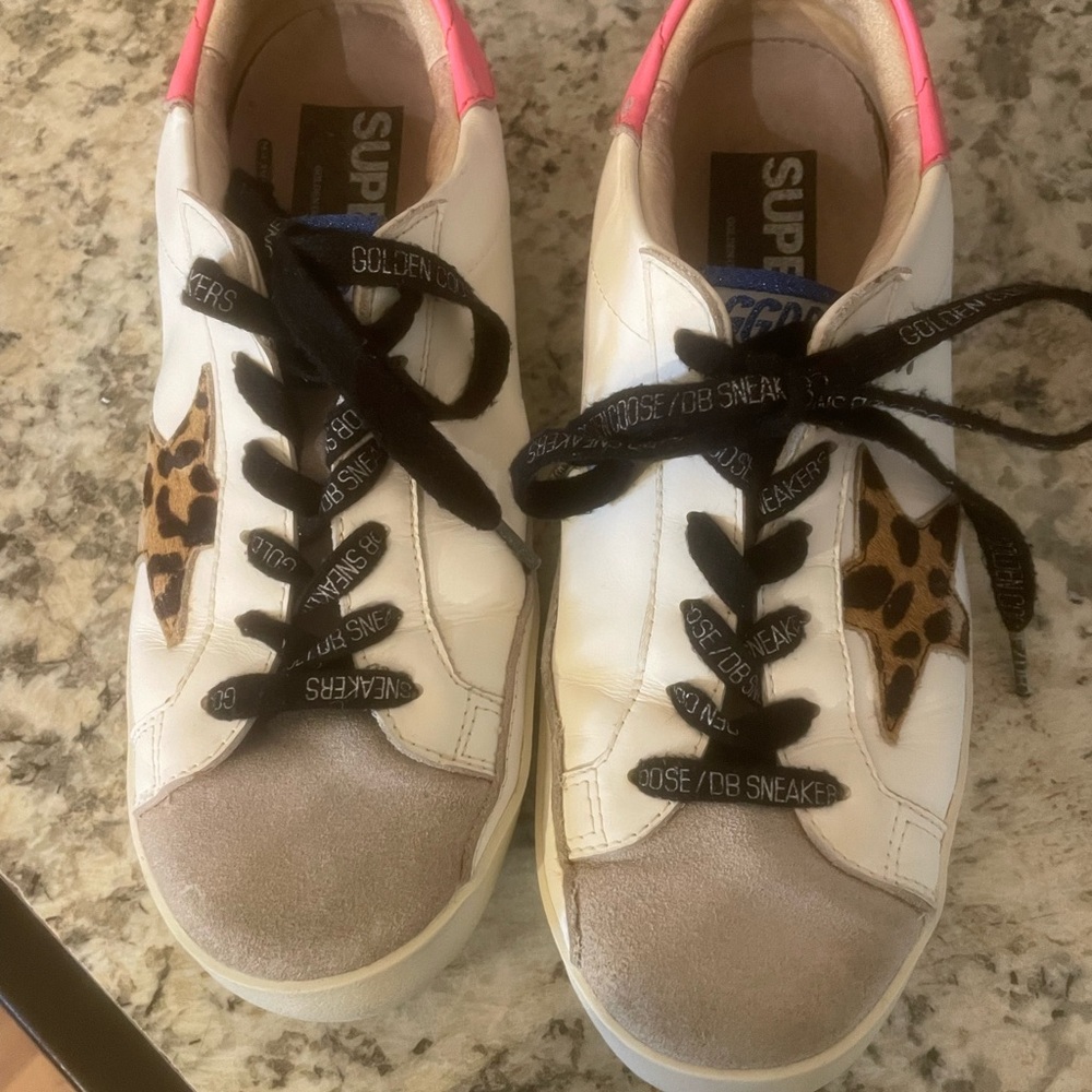 Golden Goose White and Pink Sneakers with Leopard Star